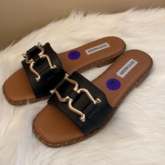NWT Steve Madden Alita Black w/ Gold Tone Buckle Slide Sandals - Various Sizes - Picture 8 of 13